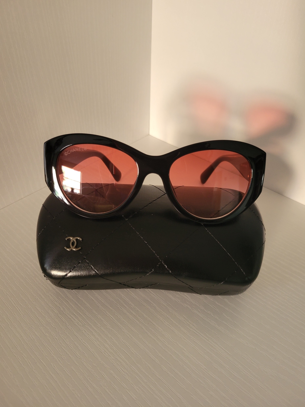 Chanel Black Frame Sunglasses with Pink Gradient Lenses
